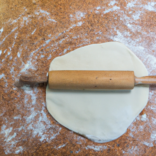 Homemade pizza dough being rolled out on a floured surface